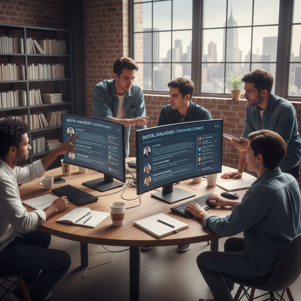 Zdjęcie osób dyskutujących przy komputerach – symbol współpracy i wymiany doświadczeń na forach