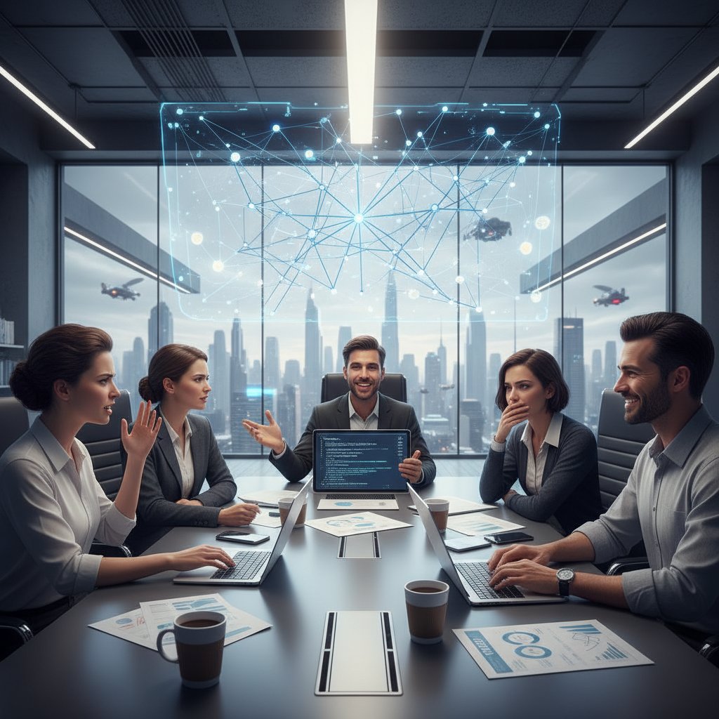 Grupa ludzi rozmawia o AI w nowoczesnym biurze, kontrast emocji na twarzach, atmosfera debaty i ciekawości