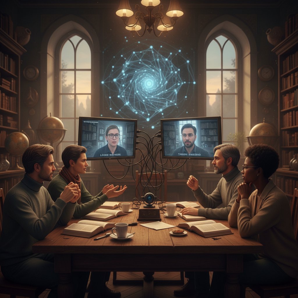 Dwie osoby dyskutujące przez ekran komputera, porównanie online i offline, filozoficzny klimat