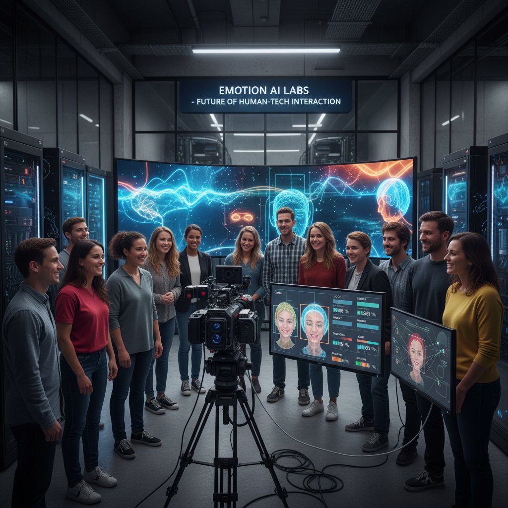 Grupa ludzi różnych kultur patrząca w stronę kamery, analiza emocji przez AI