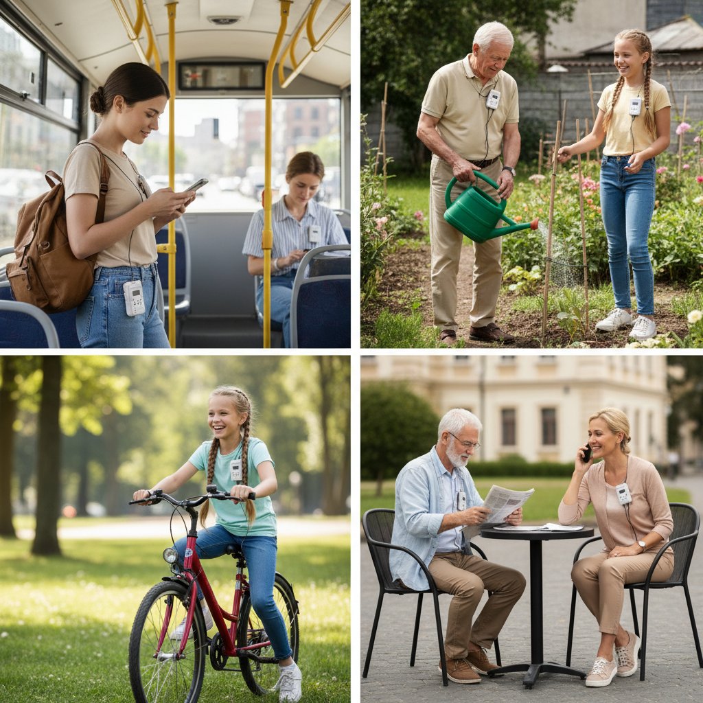 Różne grupy wiekowe korzystające z holtera EKG w codziennych sytuacjach – zdjęcie młodego mężczyzny w biurze, starszej kobiety na spacerze, nastolatka na rowerze, wszyscy z widocznym holterem