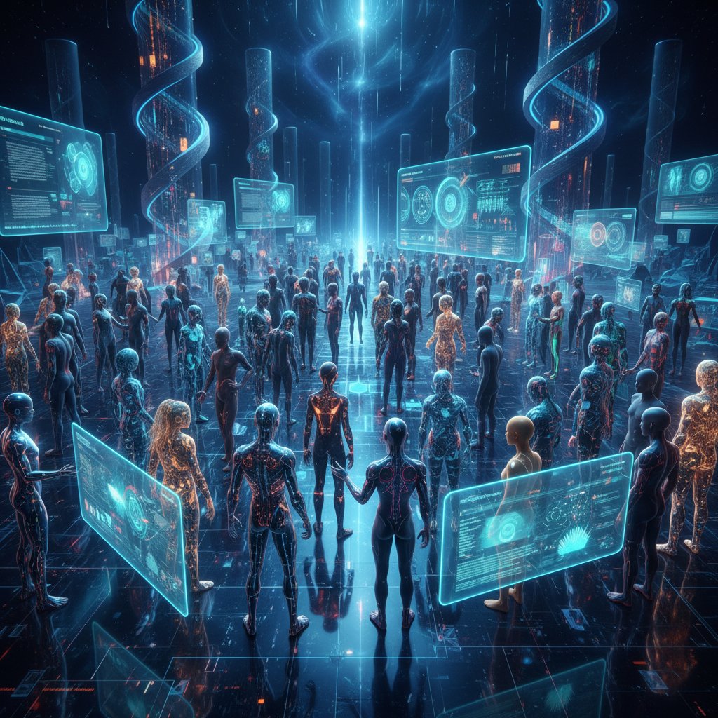 Ludzie rozmawiają z różnymi awatarami AI w wirtualnej przestrzeni, symbol innowacyjnych rozmów