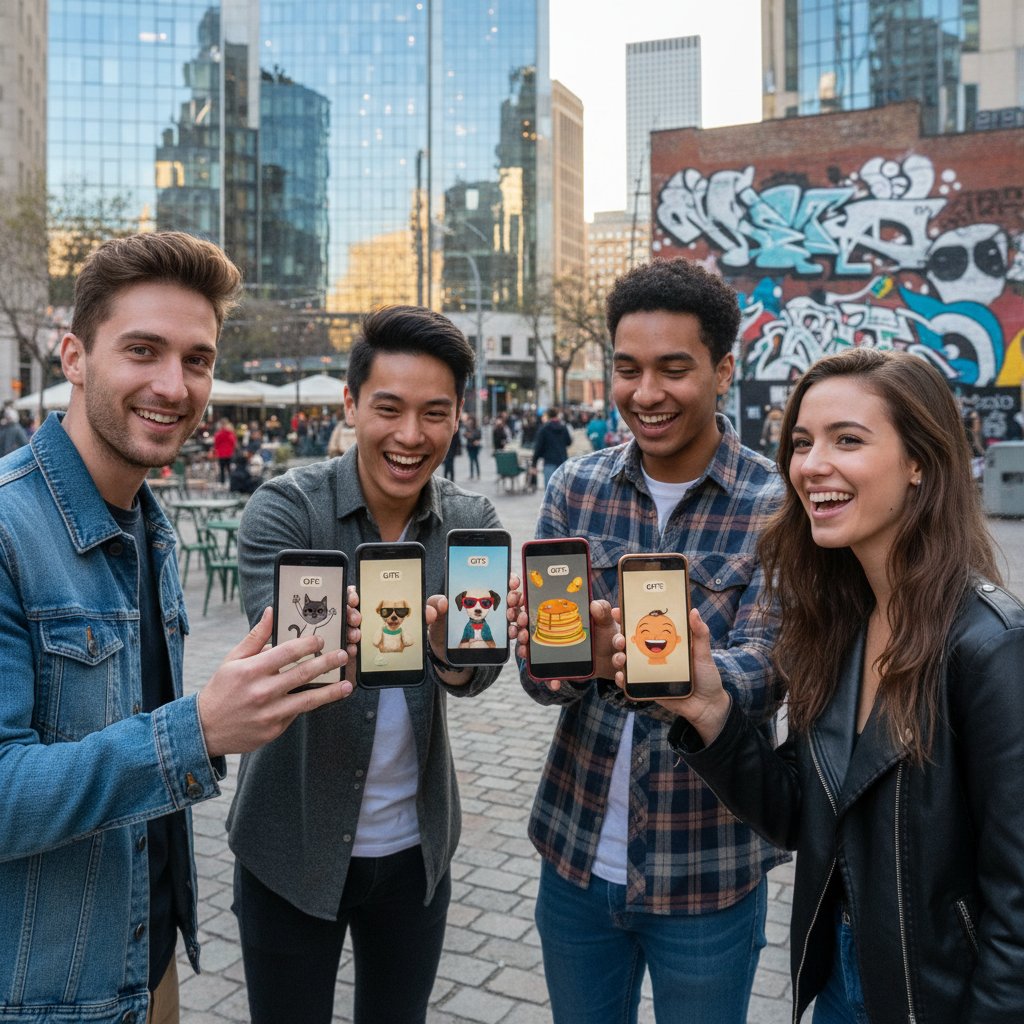 Dwie osoby wymieniające się śmiesznymi GIF-ami na smartfonach, widoczny uśmiech i luz