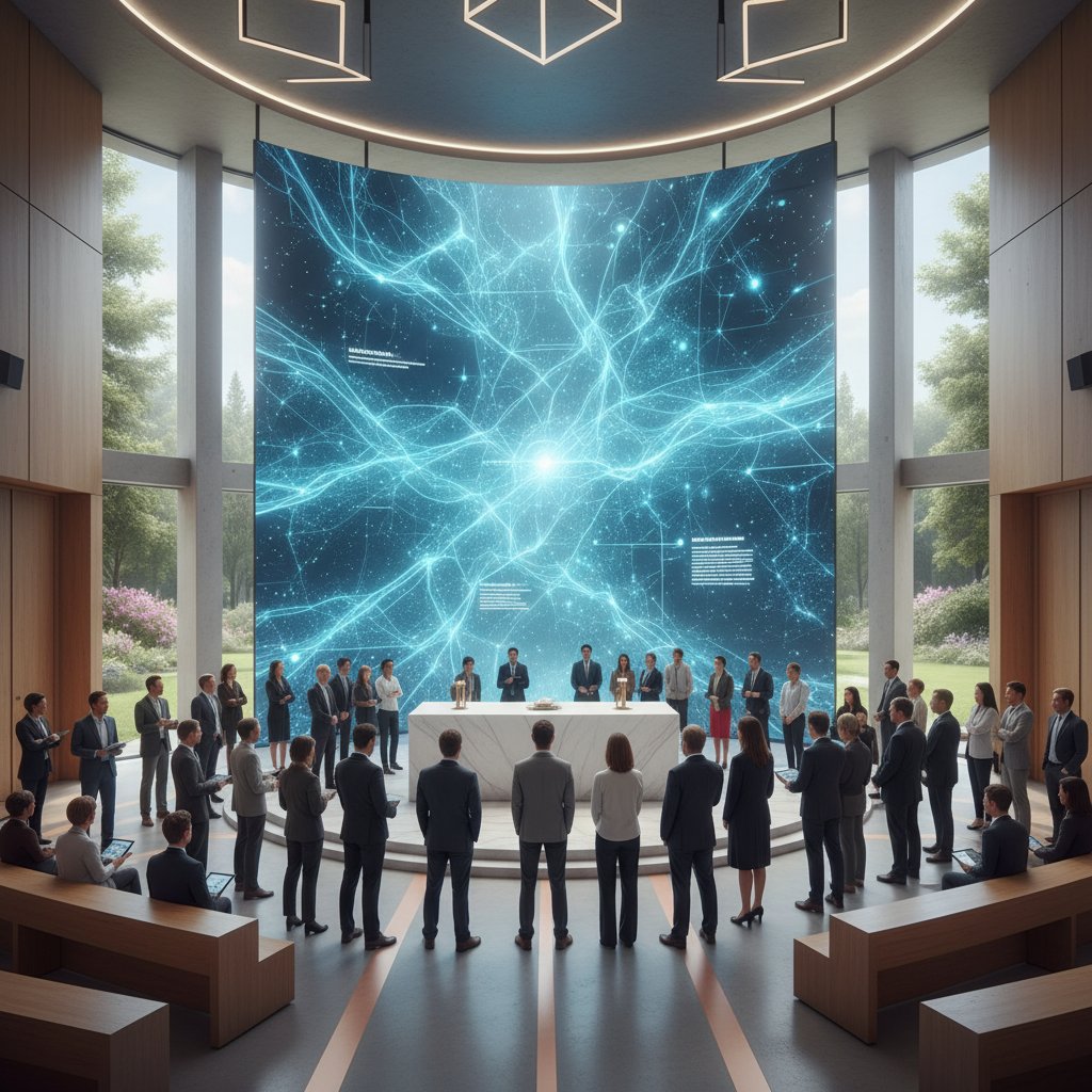 Ludzie zgromadzeni wokół ekranu z AI w nowoczesnej kaplicy