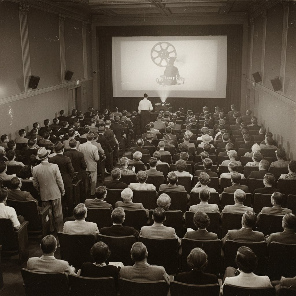 Stare czarno-białe zdjęcie ludzi siedzących w kinie, wszyscy patrzą w jednym kierunku
