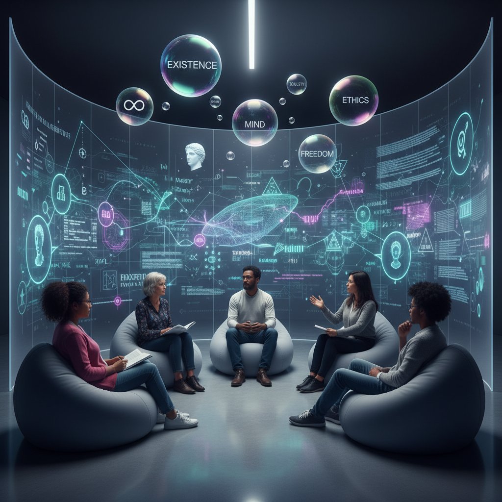 Grupa osób siedząca w kręgu, każdy wpatrzony w swoje urządzenie, wokół niewidzialna ściana