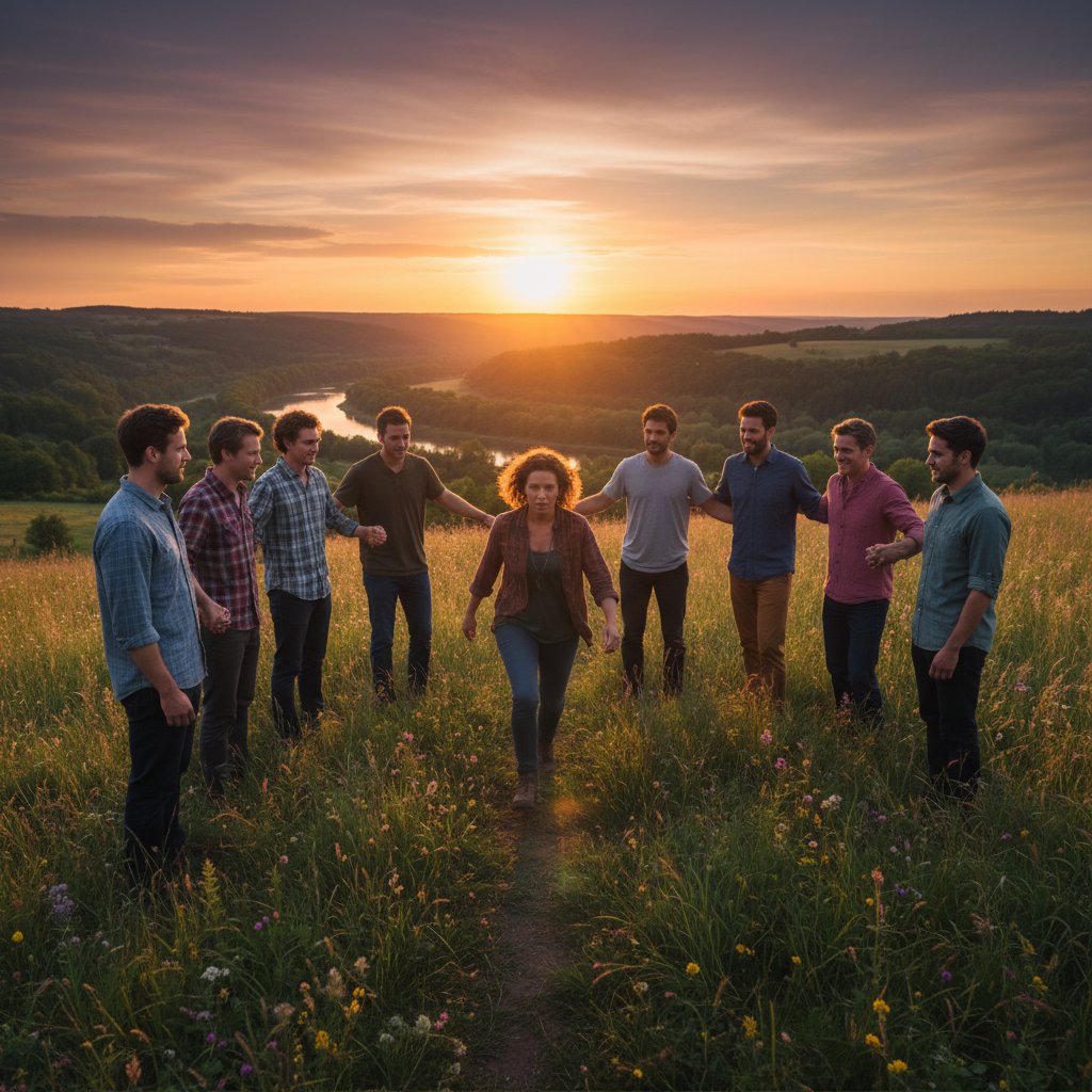 Fotografia ludzi stojących w kręgu podczas pierwszego kroku psychodramy – odwaga na scenie emocji