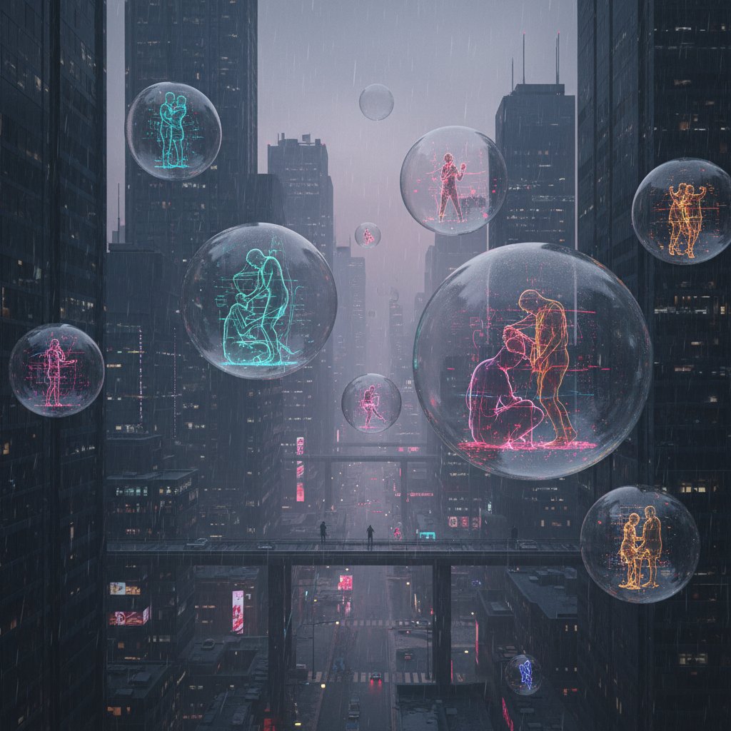 Symboliczna ilustracja ludzi zamkniętych w cyfrowych bańkach na tle miejskiego pejzażu, nastrojowe kolory