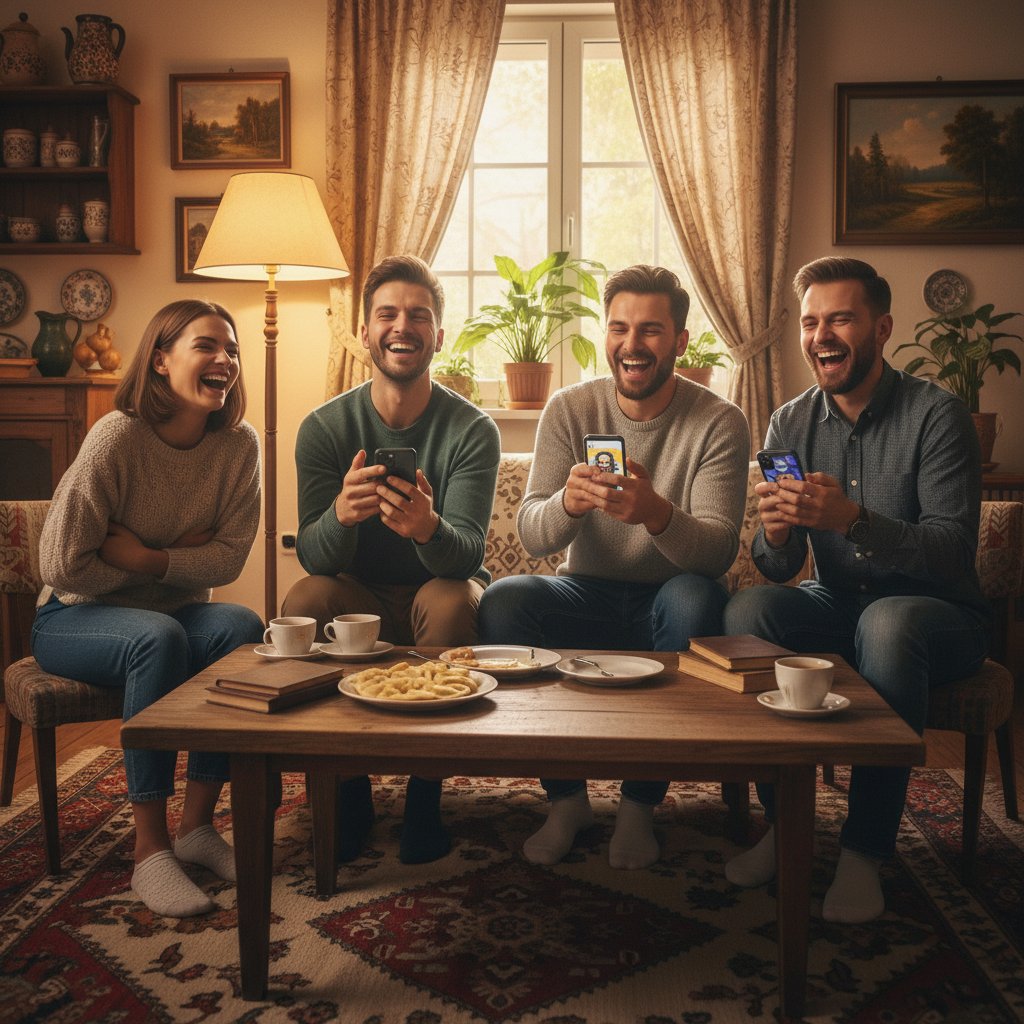 Dwie osoby śmiejące się nad telefonami, polskie mieszkanie, ciepłe barwy