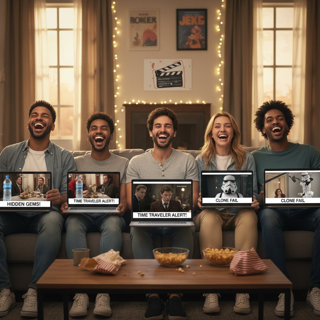 Young people on laptops and phones, laughing at viral movie mistakes and memes