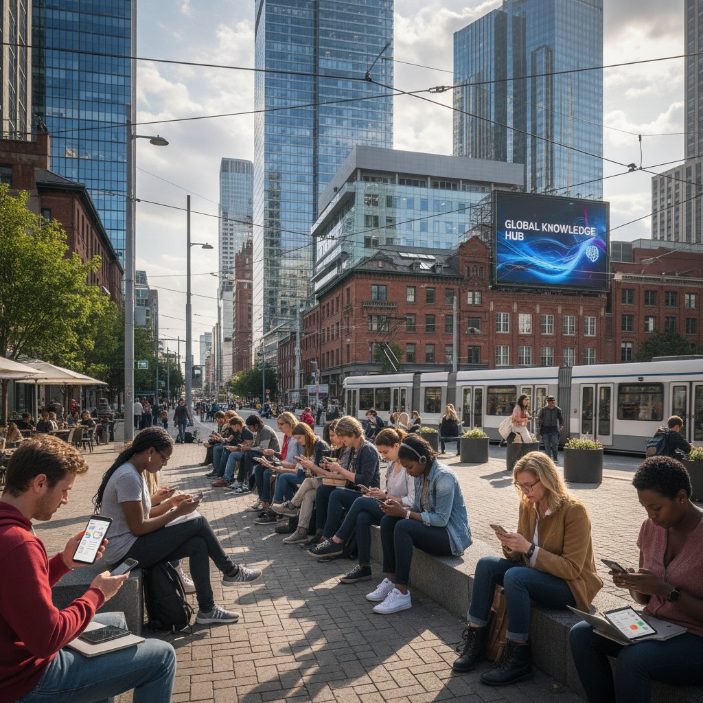 Ludzie uczący się przez smartfony w miejskiej przestrzeni, podkreślający urbanistyczny charakter edukacji cyfrowej