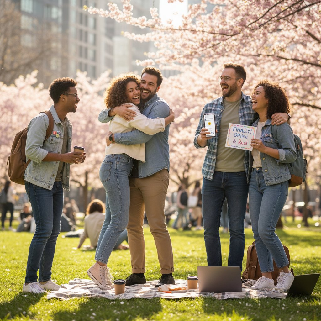 Dwoje ludzi spotyka się po raz pierwszy w realu po rozmowach online, szczęśliwi, park w tle