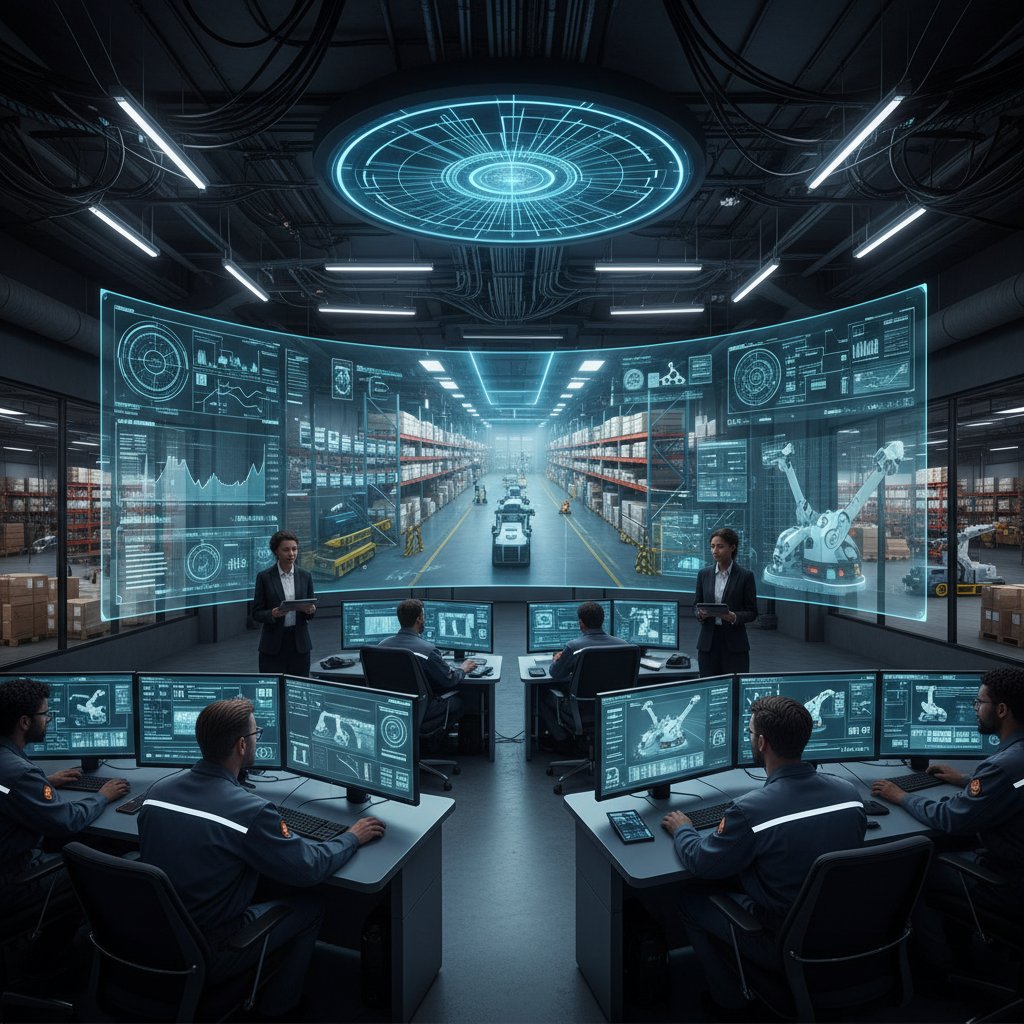 Zespół ludzi nadzorujący system AI na wielkim ekranie w centrum dowodzenia magazynem
