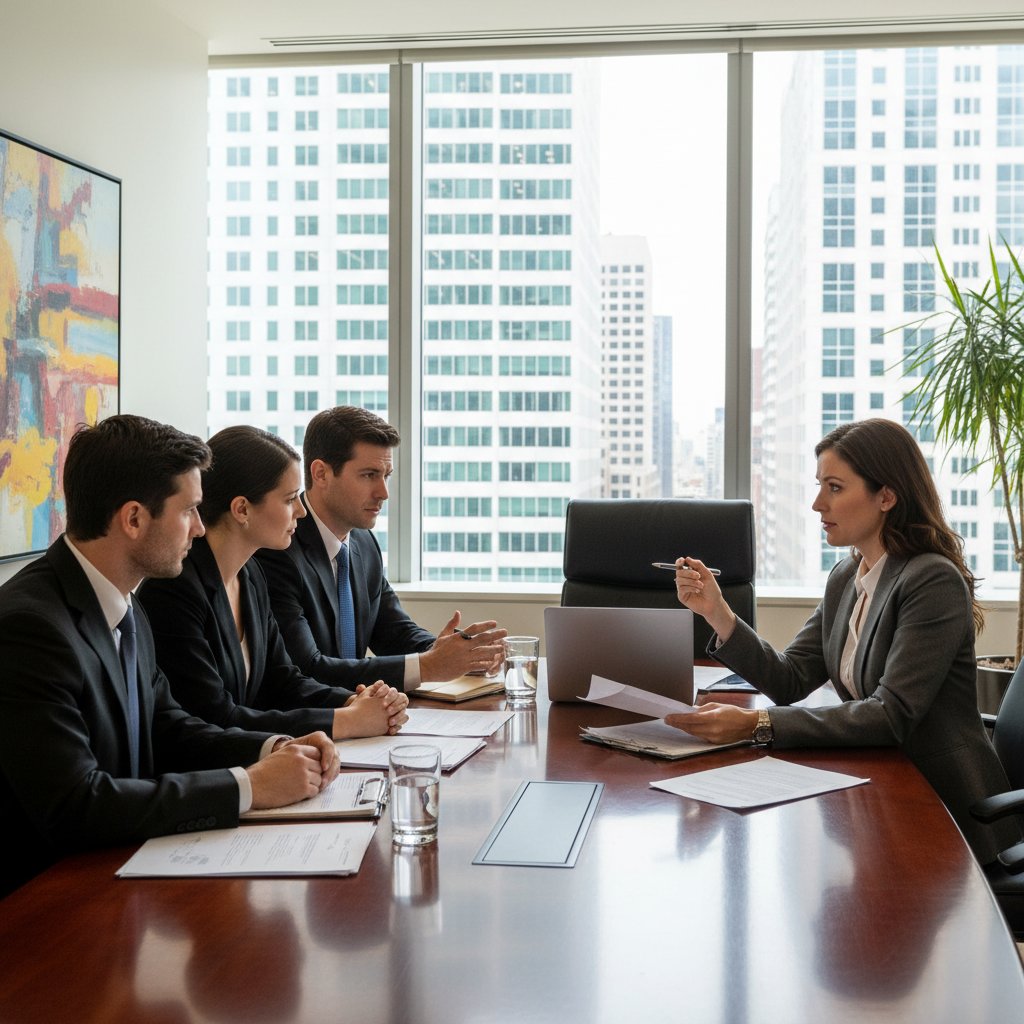 Ilustracja: ludzie przy stole negocjujący warunki, intensywna dyskusja, biuro