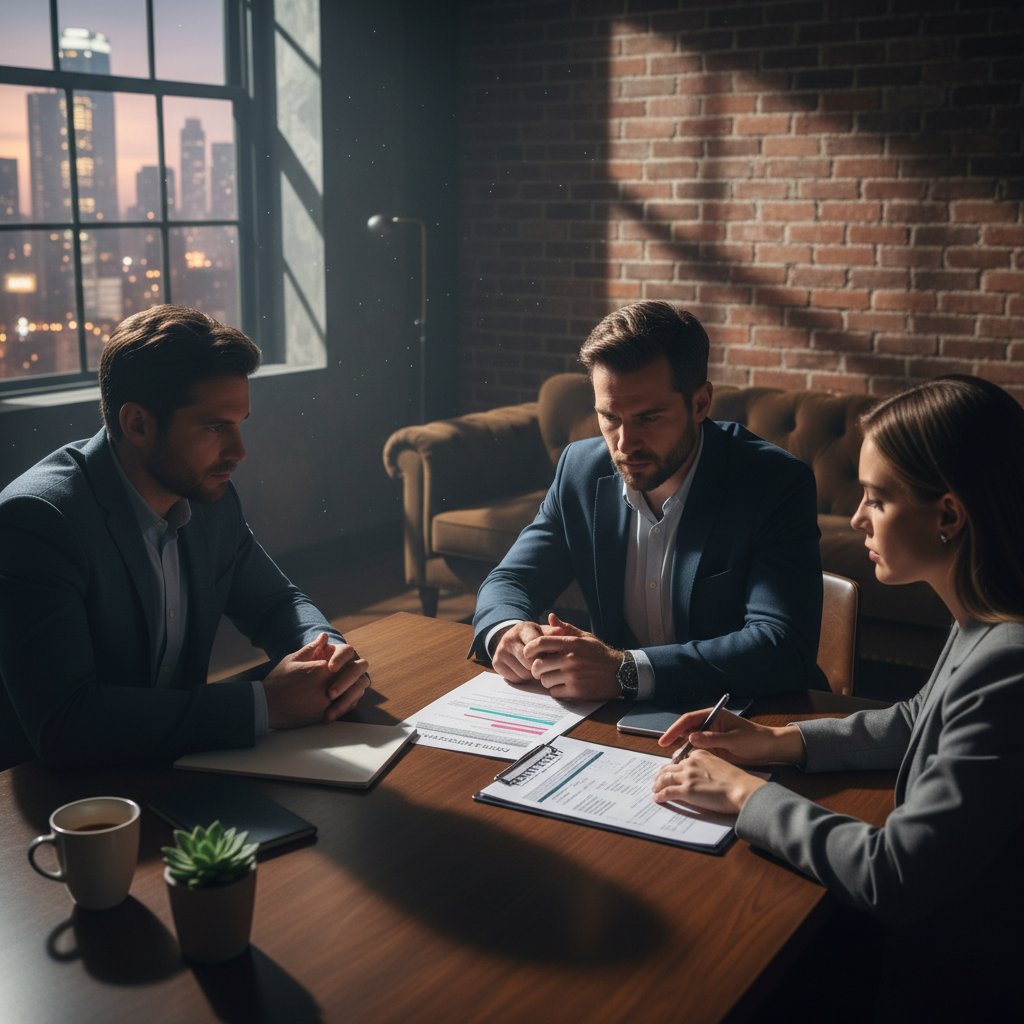 Dwóch ludzi przy stole negocjuje umowę najmu mieszkania w napiętej atmosferze, w tle miejskie mieszkanie