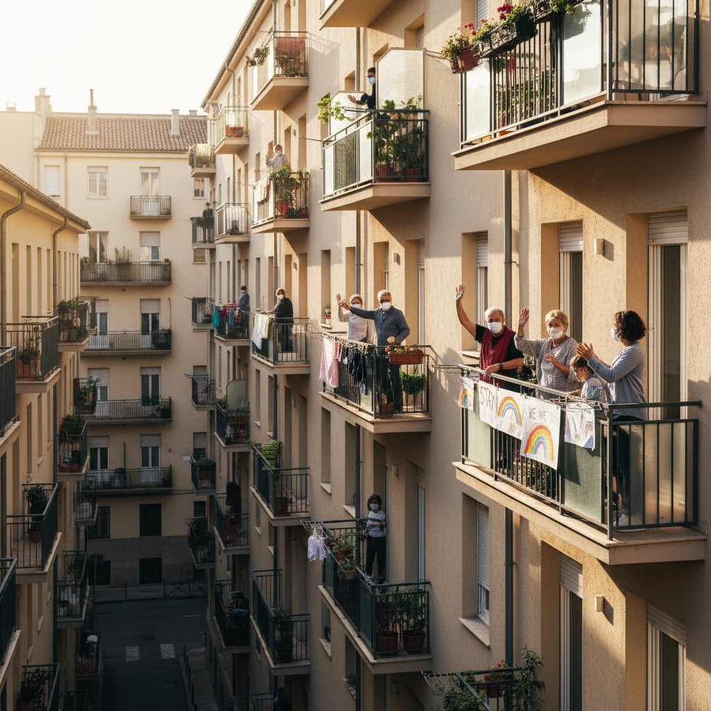 Ludzie na balkonach machający do siebie, pandemia – nowa forma kontaktów społecznych