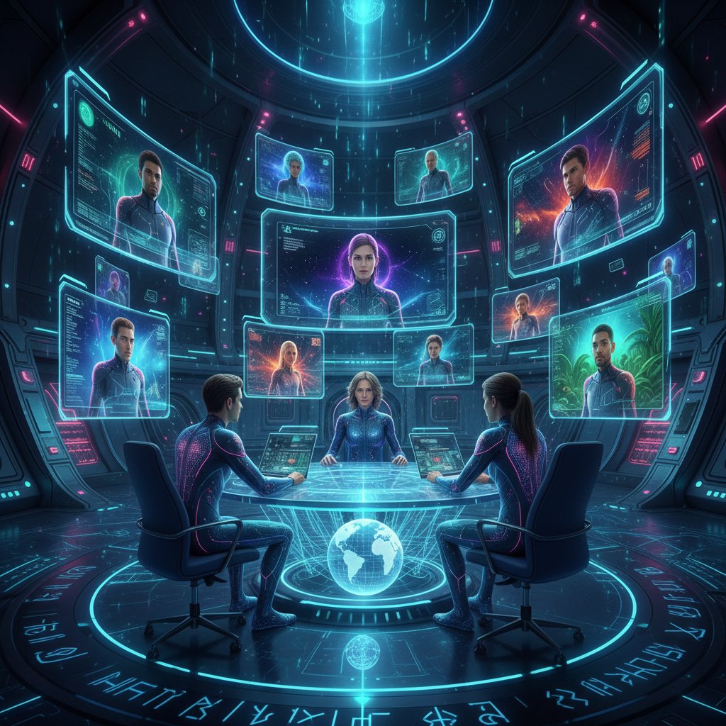 Futurystyczna fotografia ludzi uczestniczących w zdalnej sesji psychodramy przez ekrany