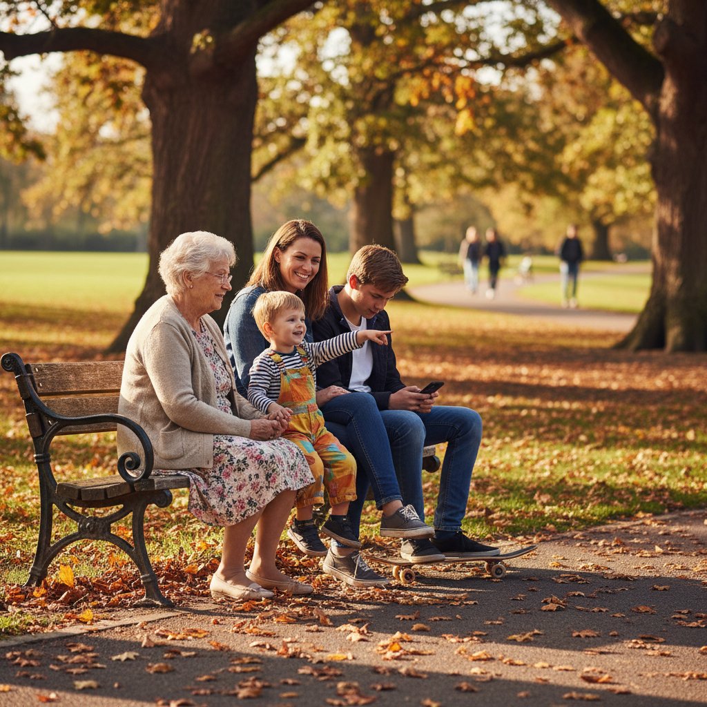Grupa ludzi różnych pokoleń siedzących razem na ławce w parku