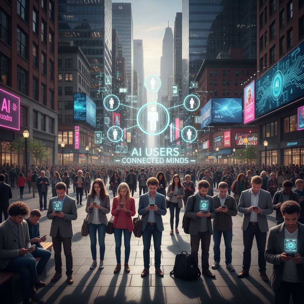 Zdjęcie osób w różnym wieku rozmawiających z telefonami w miejskim otoczeniu, symbolizujące różnorodność użytkowników AI