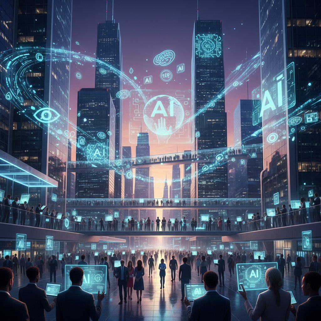 Ludzie z telefonami i laptopami na tle miejskiego pejzażu, wokół cyfrowe symbole AI