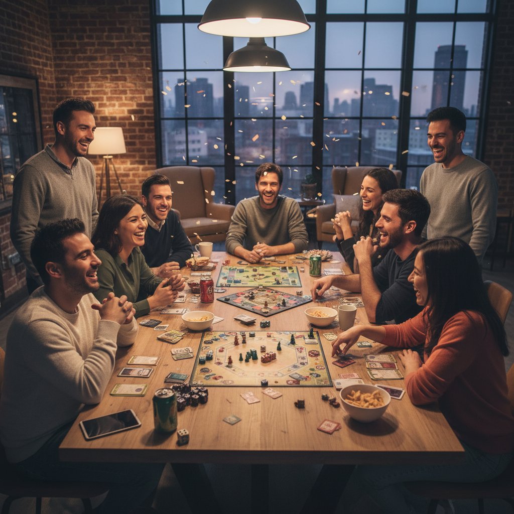 Grupa ludzi grających w planszówki przy dużym stole, radosna atmosfera, Opole