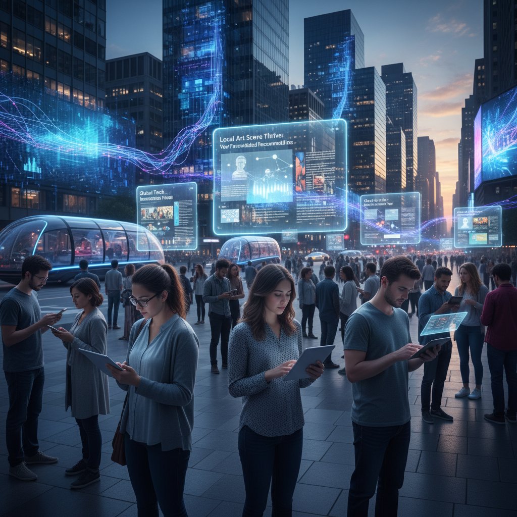 People reading AI-personalized news on mobile and desktop in a city square