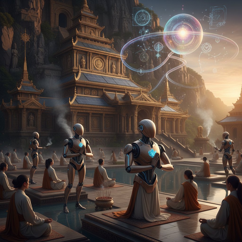 Grupa ludzi i robot w świątyni lub miejscu duchowym, symbolizujące pytanie o duchowość maszyn