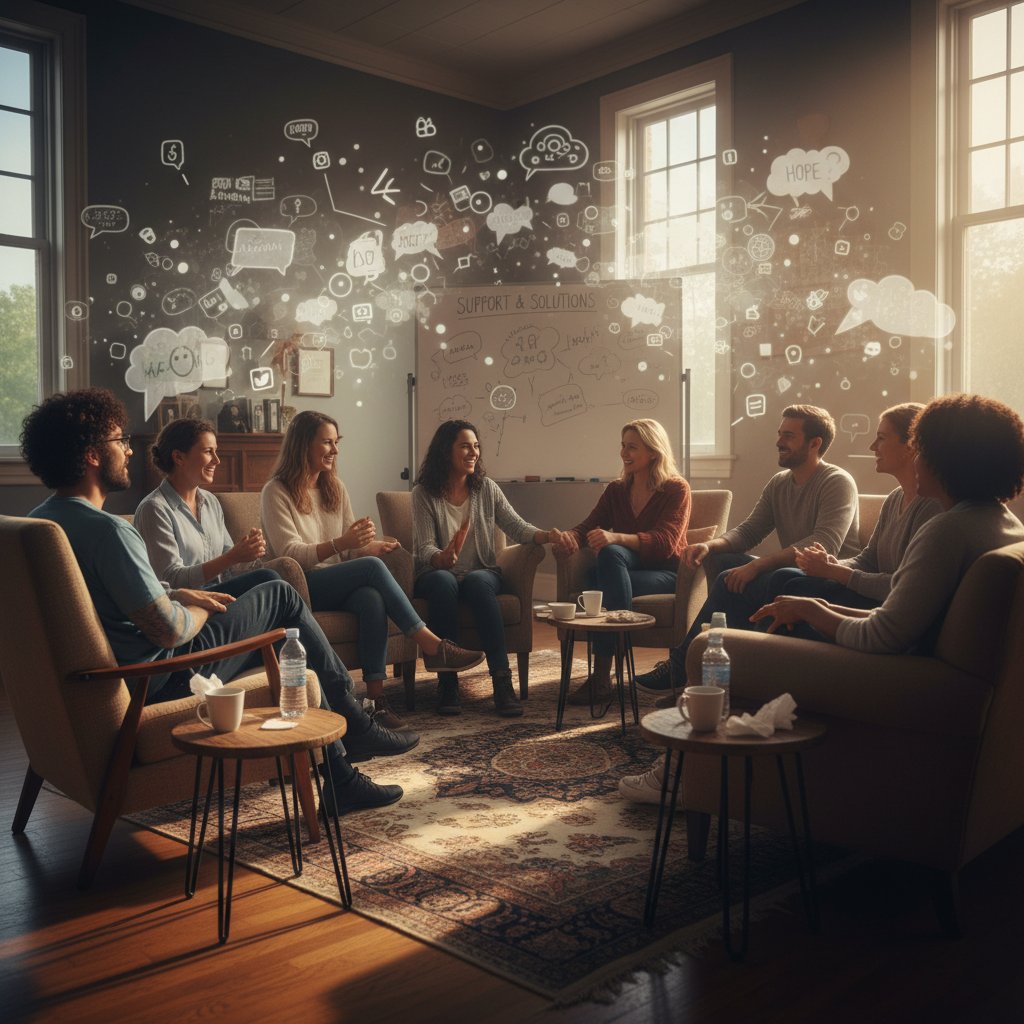 Grupa ludzi dzielących się doświadczeniem w walce ze szumem informacyjnym, inspirujące spotkanie