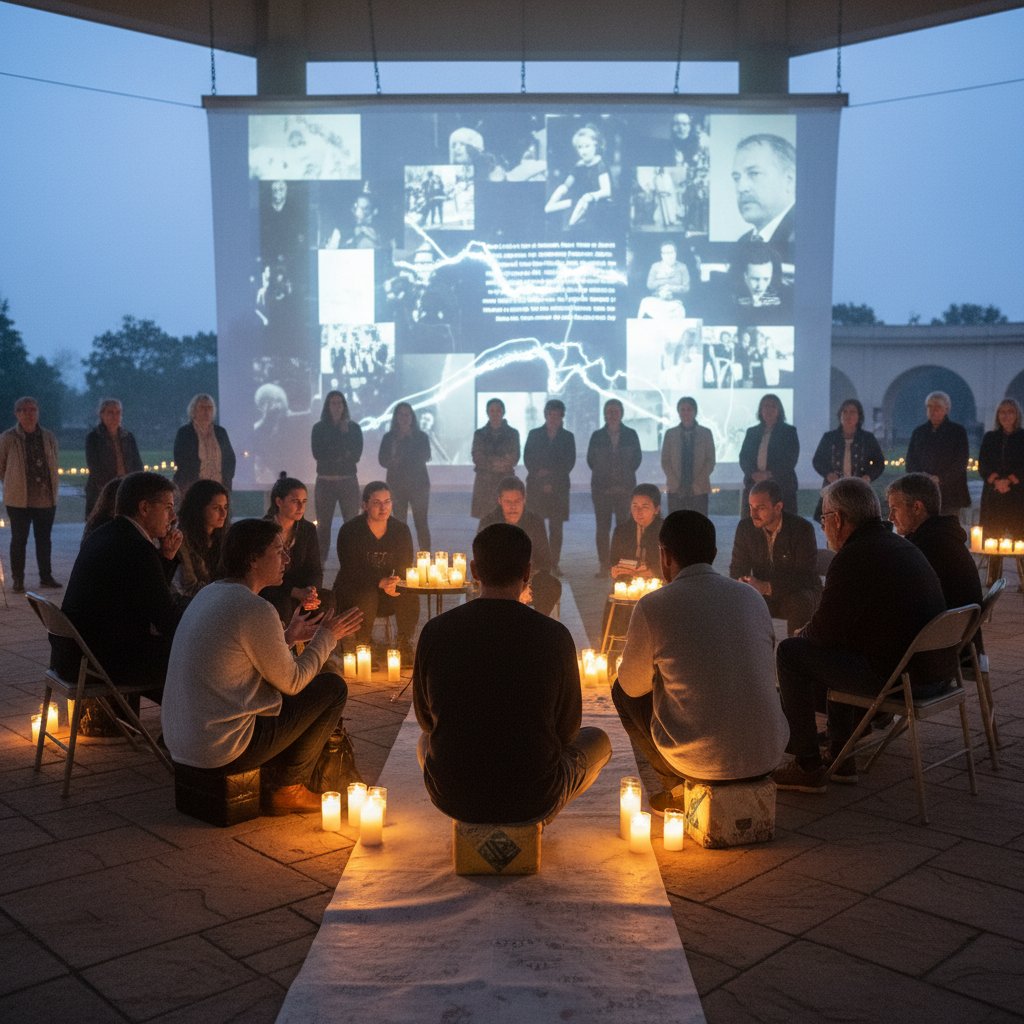 A diverse group sharing stories on an online memorial forum, illuminated by laptop glow and candles
