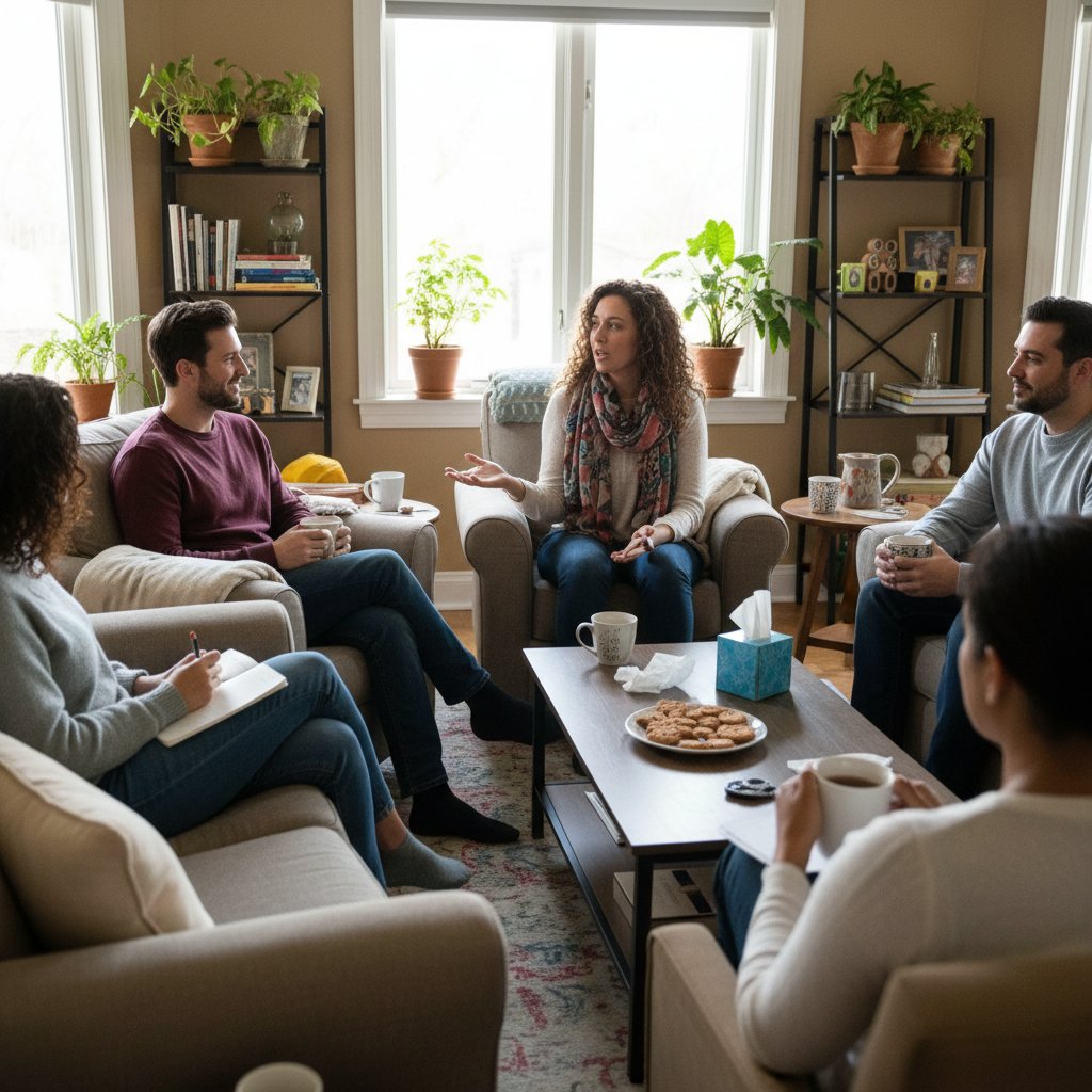 Osoby różnych profesji wymieniające się opiniami na temat terapii, atmosfera codzienna
