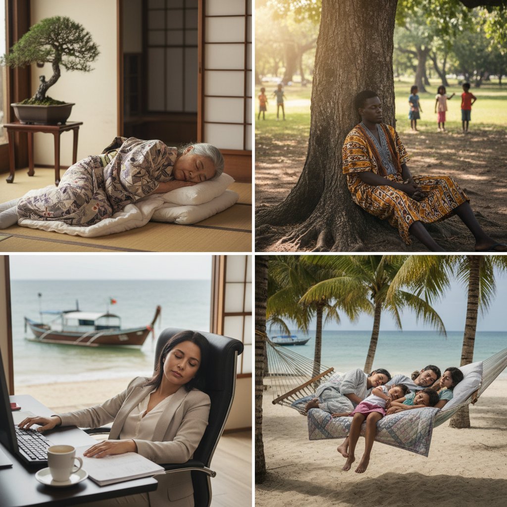Ludzie śpiący w różnych warunkach – biuro, dom, park – podkreślając kulturowe różnice