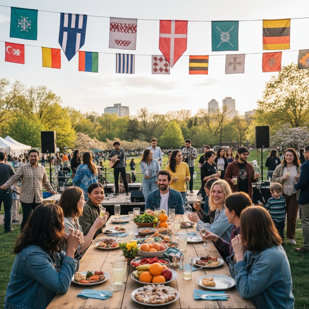 Uczestnicy wydarzenia integrujący się przy wspólnym stole, radosna atmosfera