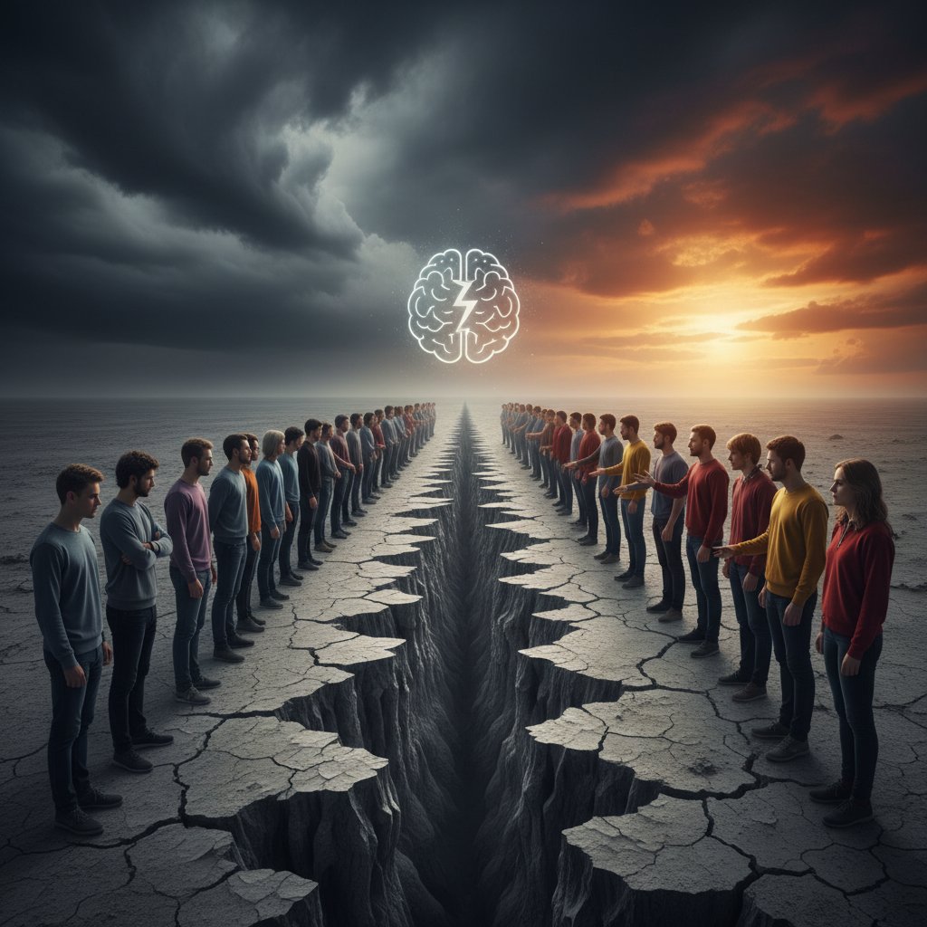 Schematyczna scena: ludzie stoją po przeciwnych stronach linii, obrazujący podział MBTI