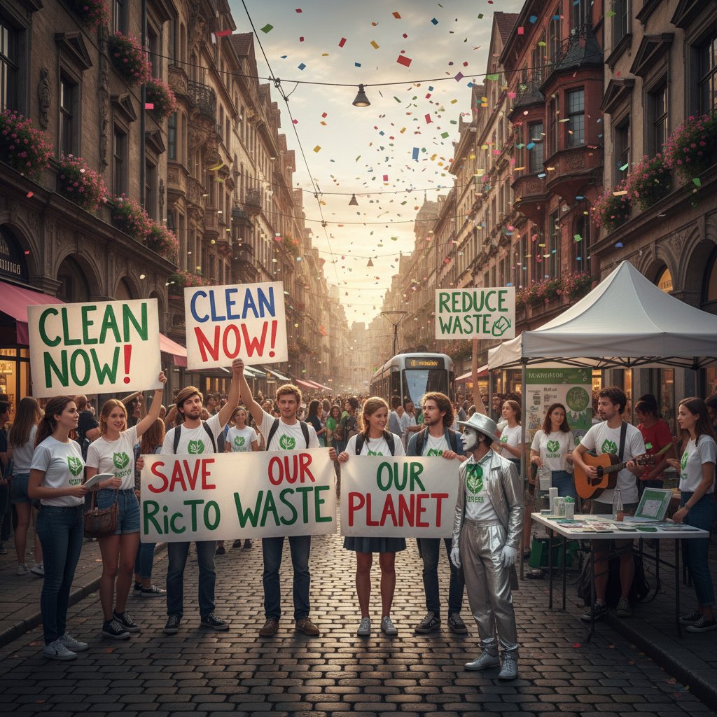 Grupa ludzi na ulicy z hasłami dotyczącymi zdrowia jelit, porównanie krajów europejskich