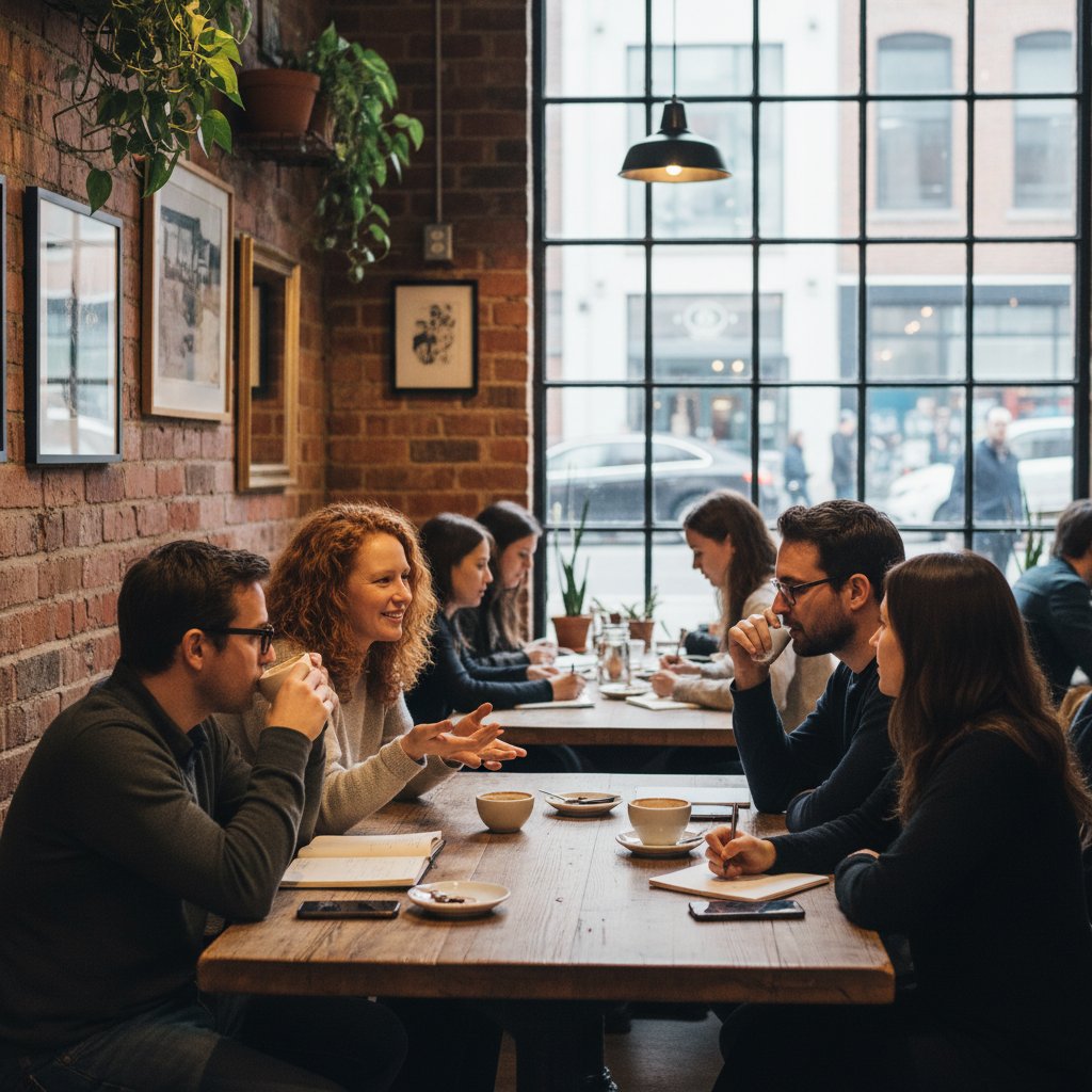 Spotkanie integracyjne w miejskiej kawiarni, grupa osób w różnym wieku rozmawia
