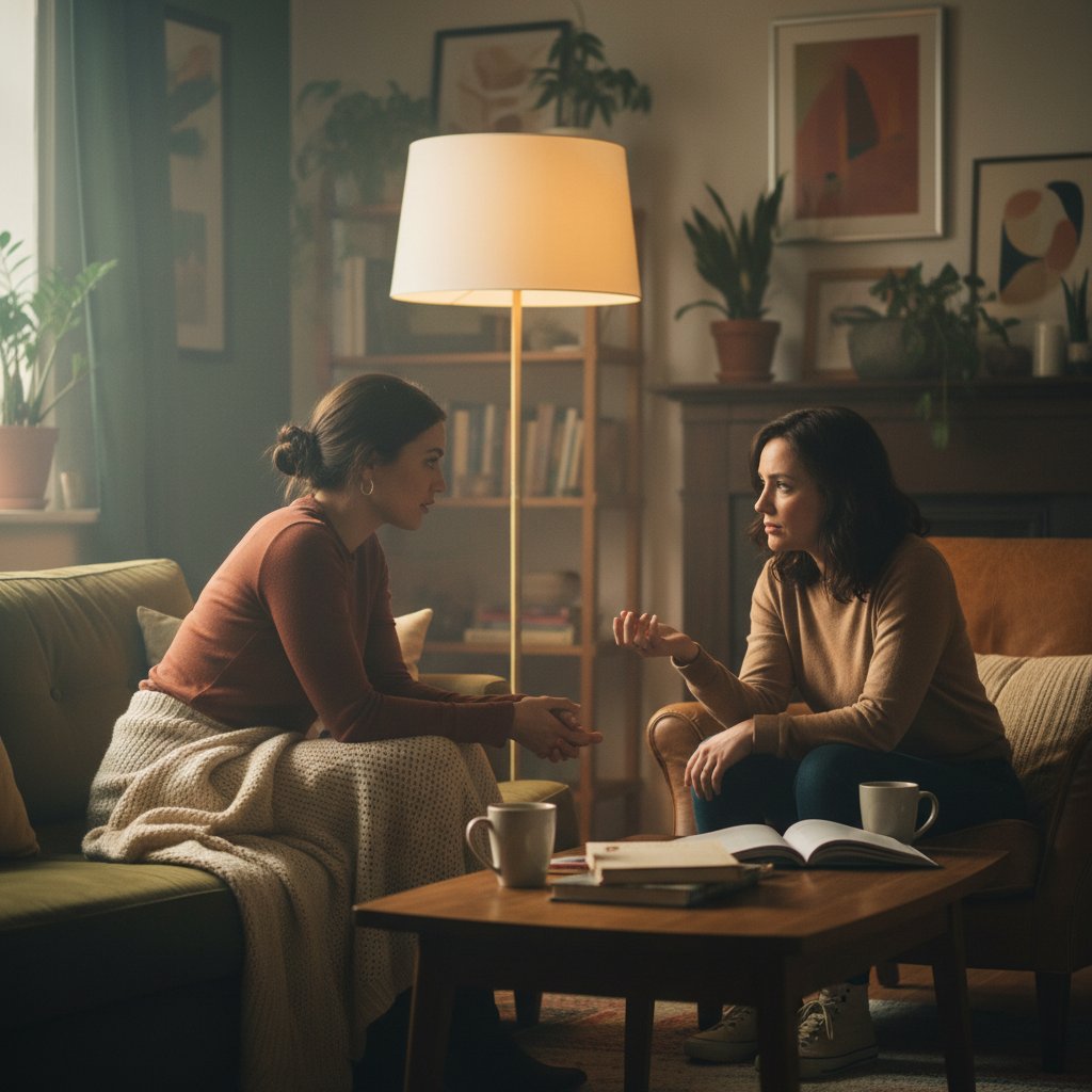 Rozmowa o objawach z bliskimi – zbliżenie na dwie osoby w głębokiej rozmowie w domu, ciepłe światło