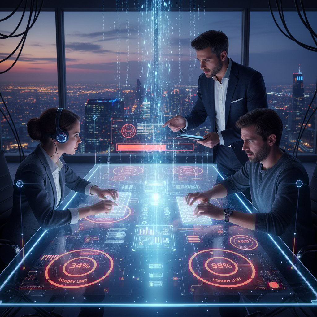 Schemat pokazujący ograniczoną pamięć AI podczas rozmowy, osoby rozmawiające z cyfrowym urządzeniem