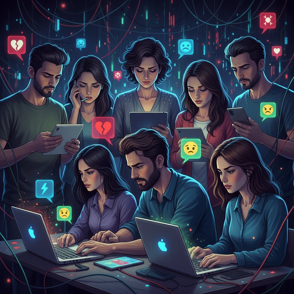 Dwie osoby rozmawiające przez ekran, widoczne emocje i cyfrowe napięcie