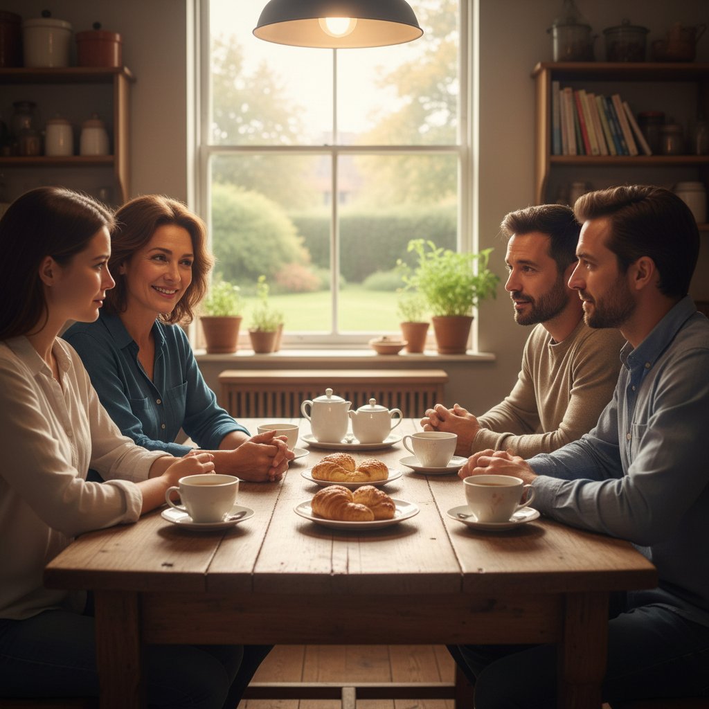 Rozmowa dwóch osób przy stole w kuchni, wsparcie, depresja, duloksetyna