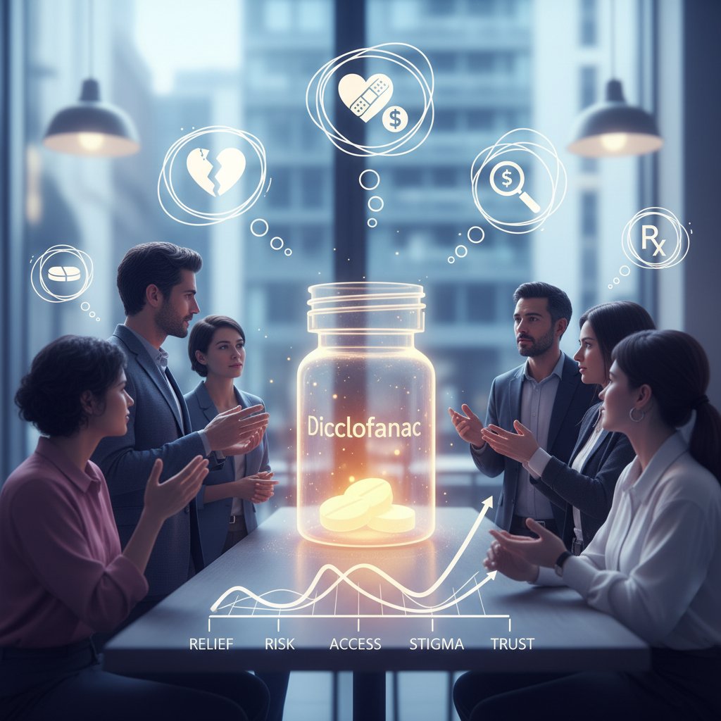 Grupa osób rozmawiających o lekach przeciwbólowych przy stole, widoczne opakowania diklofenaku