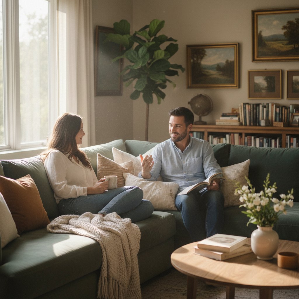 Osoby rozmawiające na kanapie, spokojna atmosfera rozmowy