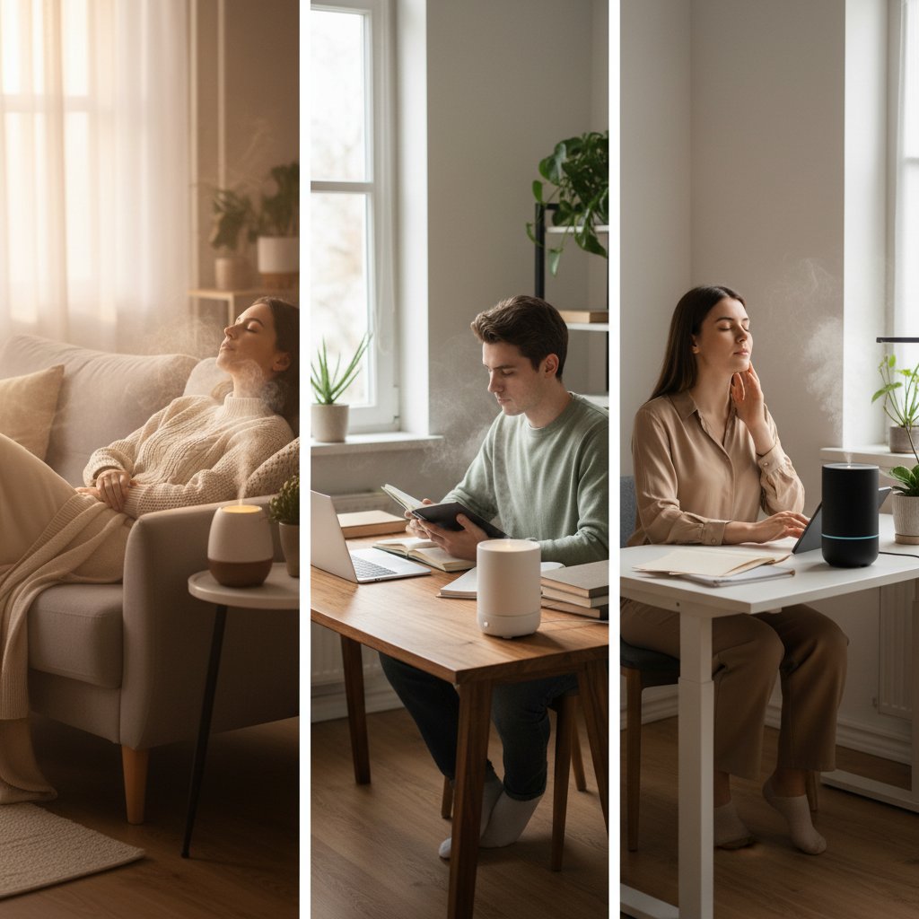 Różne osoby w domach używające aromaterapii podczas relaksu, nauki i pracy