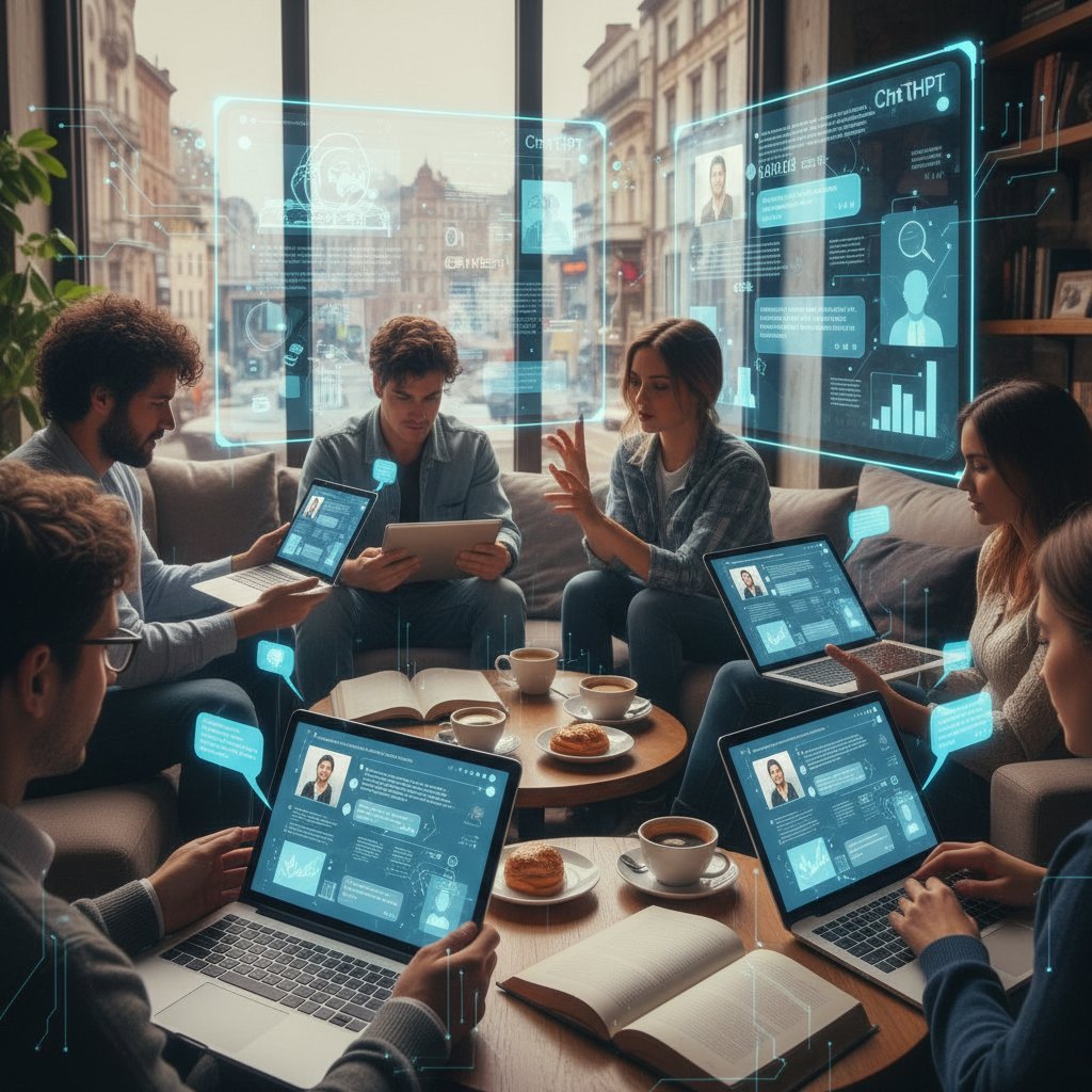 Ludzie korzystający z chatgpt podczas codziennej rutyny w kawiarni, cyfrowe akcenty, nowoczesny styl