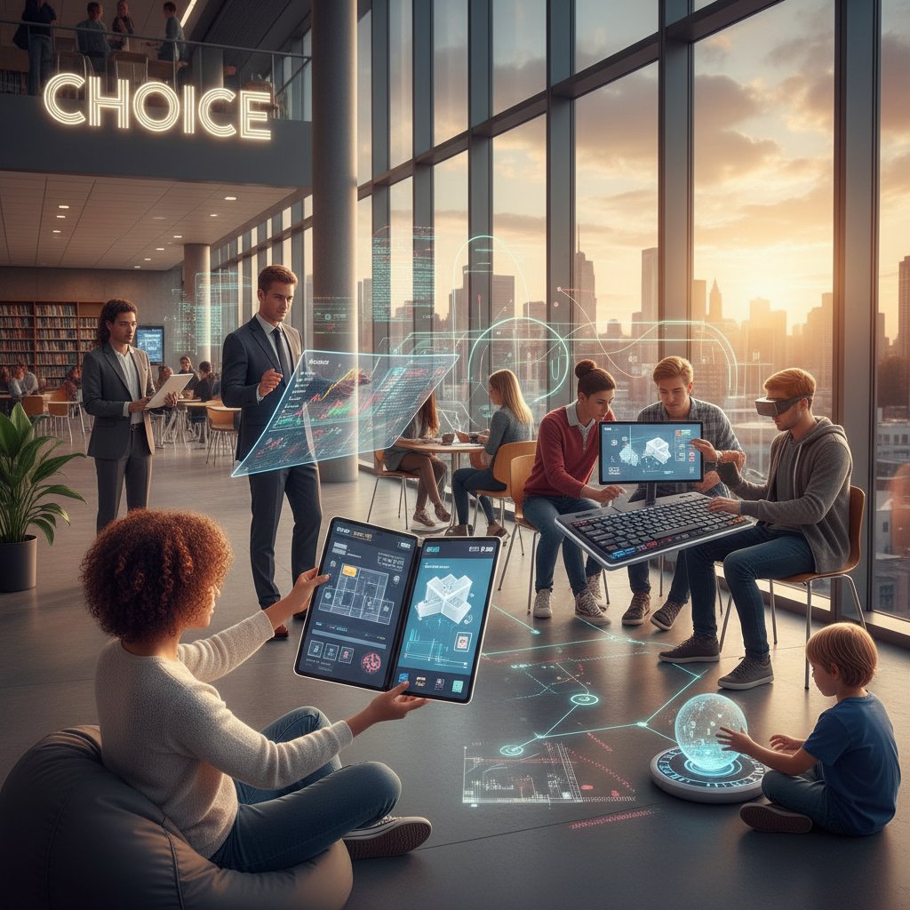 Osoby korzystające z różnych platform, telefony, komputery, atmosfera wyboru