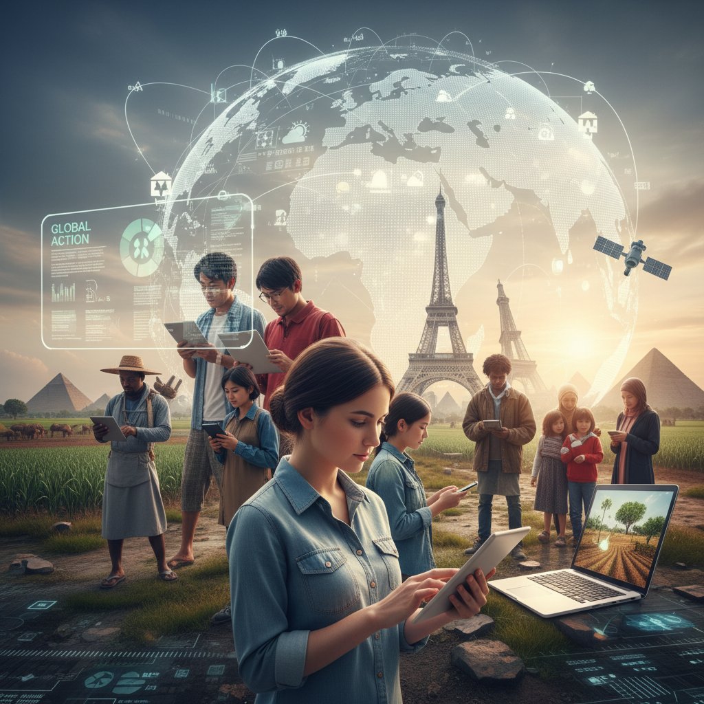 Ludzie w różnych miejscach korzystający z cyfrowych urządzeń, symbol globalnej zmiany