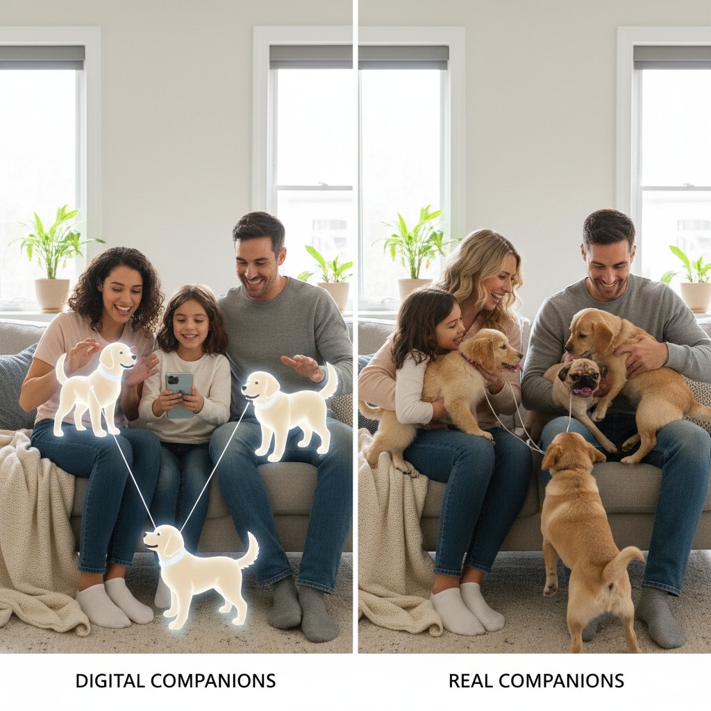 Verschiedene Personen nutzen unterschiedliche digitale Hundebegleiter zuhause und unterwegs; Vergleich von Tools