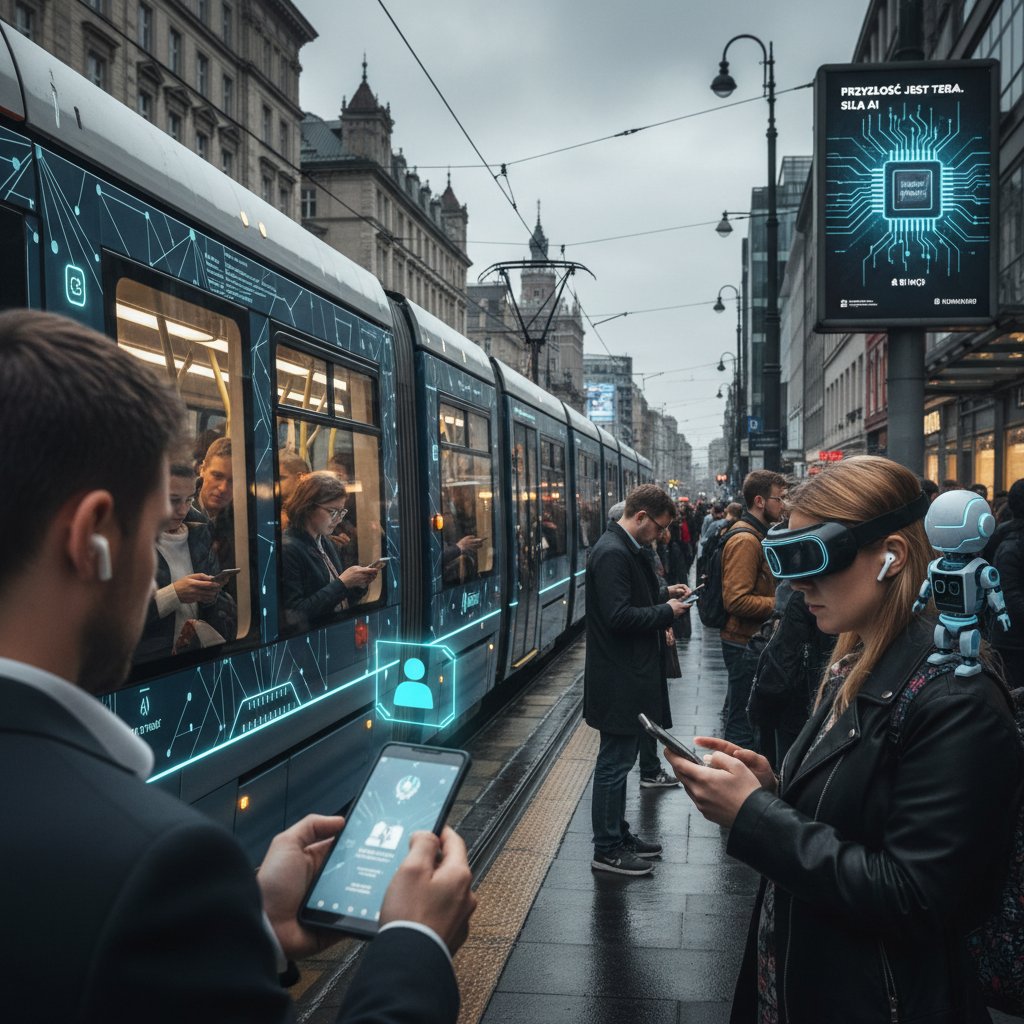Ludzie korzystający z urządzeń mobilnych w polskim tramwaju, wokół nich subtelne technologiczne detale