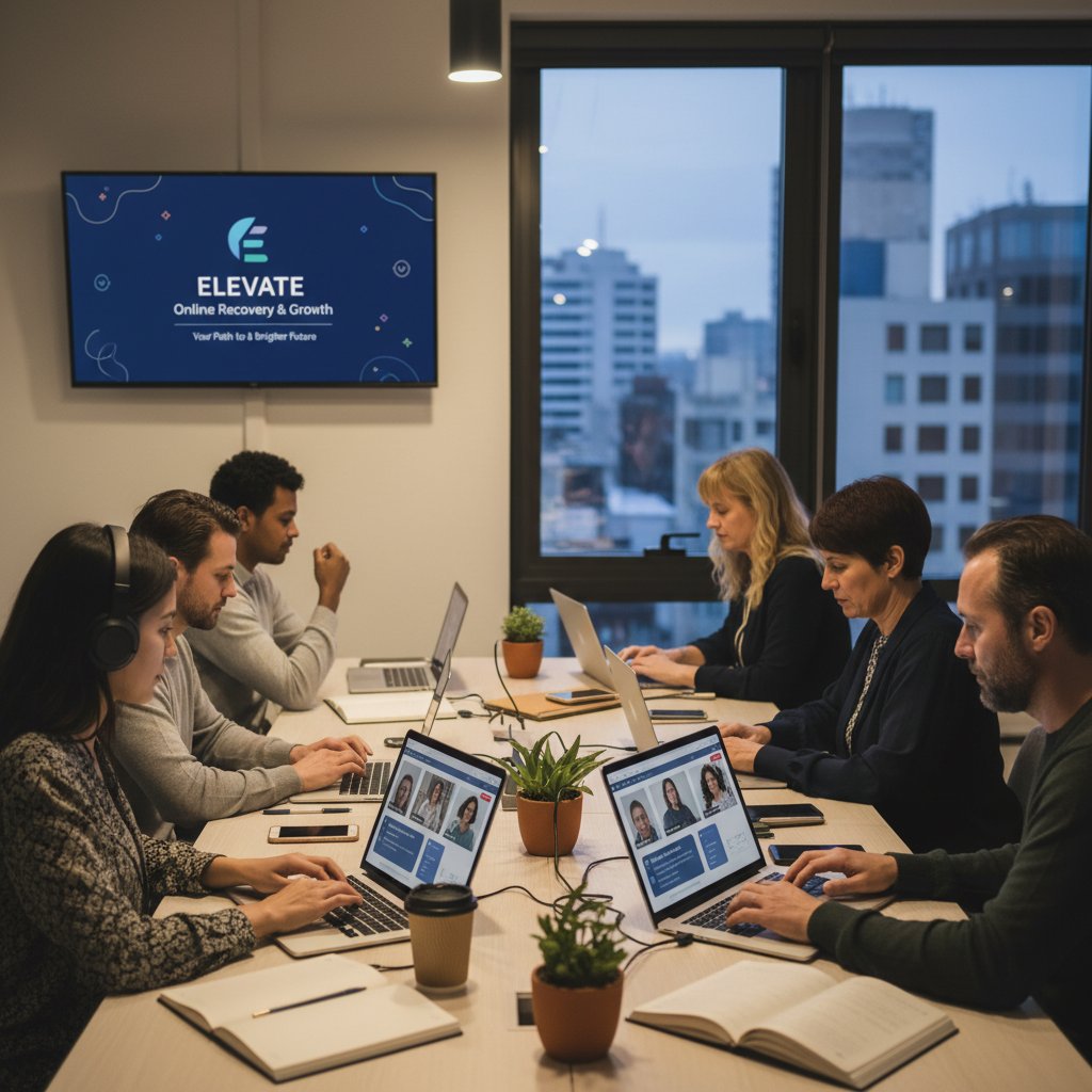 Osoby korzystające z platformy edukacyjnej na laptopie, domowe warunki, psychoterapia uzależnień