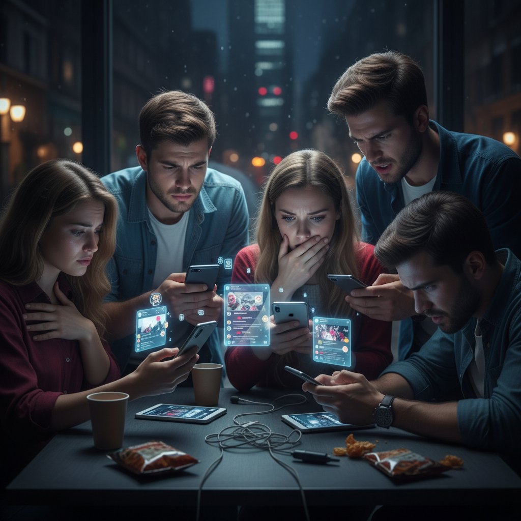 Grupa ludzi korzystająca z telefonów, emocje – dynamika trójkąta dramatycznego online