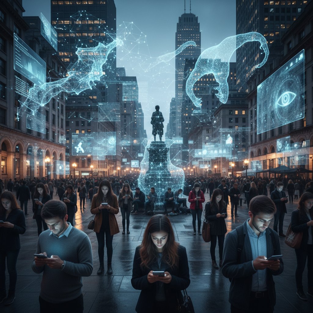 Scena przedstawiająca ludzi korzystających ze smartfonów i komputerów, algorytmy AI w tle